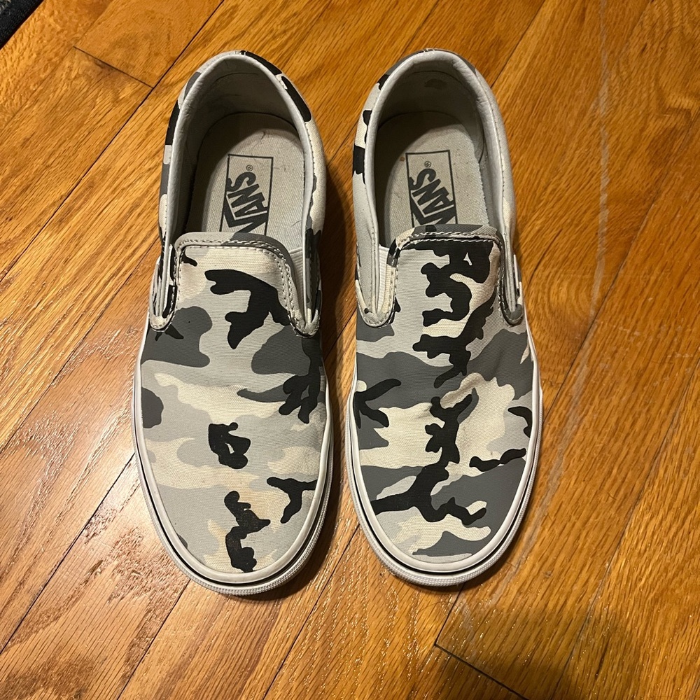Vans Gray and Black Camouflage Slip-Ons